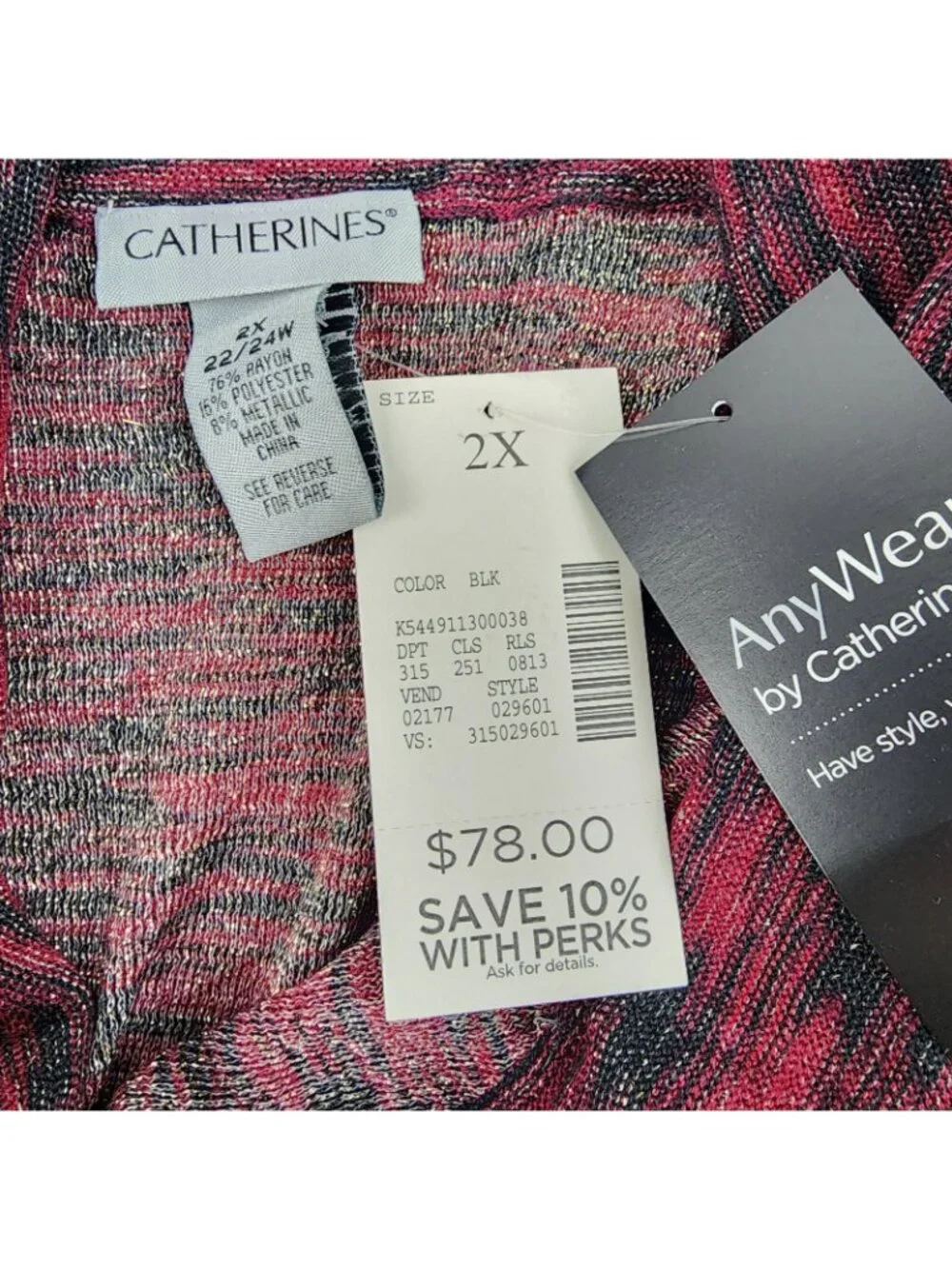 Catherines Tunic Cowl Neck Long Sleeve Black Burgundy Plus Size 2X 22/24W NWT